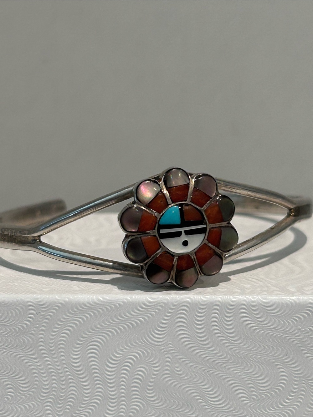 Sterling Silver Sunface Inlay Cuff Bracelet with Turquoise and Coral - SIGNED